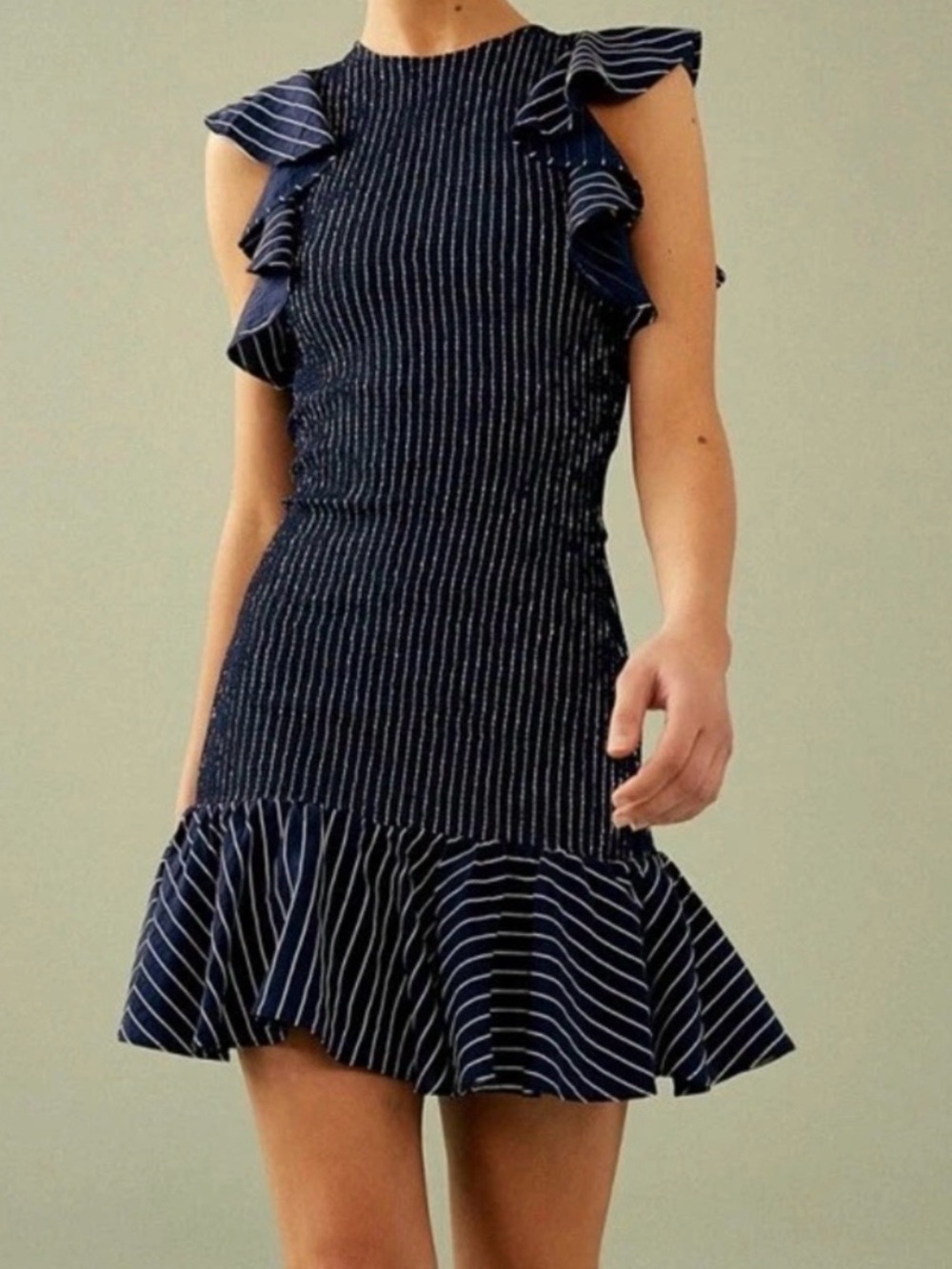C/MEO Collective Navy Pinstripe Ruffle Hem Smocked Mini Dress! NWOT!